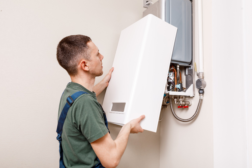 Technician-Servicing-a-Tankless-Water-Heater-for-Improved-Efficiency